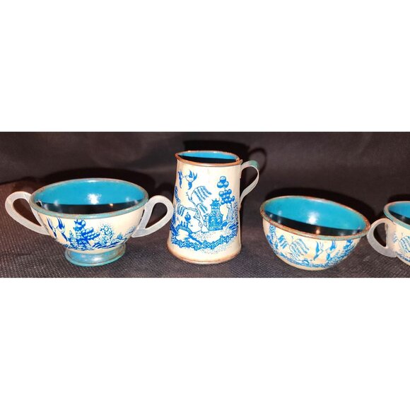 Vintage Toy Blue Willow China Tea Set Antique Metal Miniature - Picture 2 of 8
